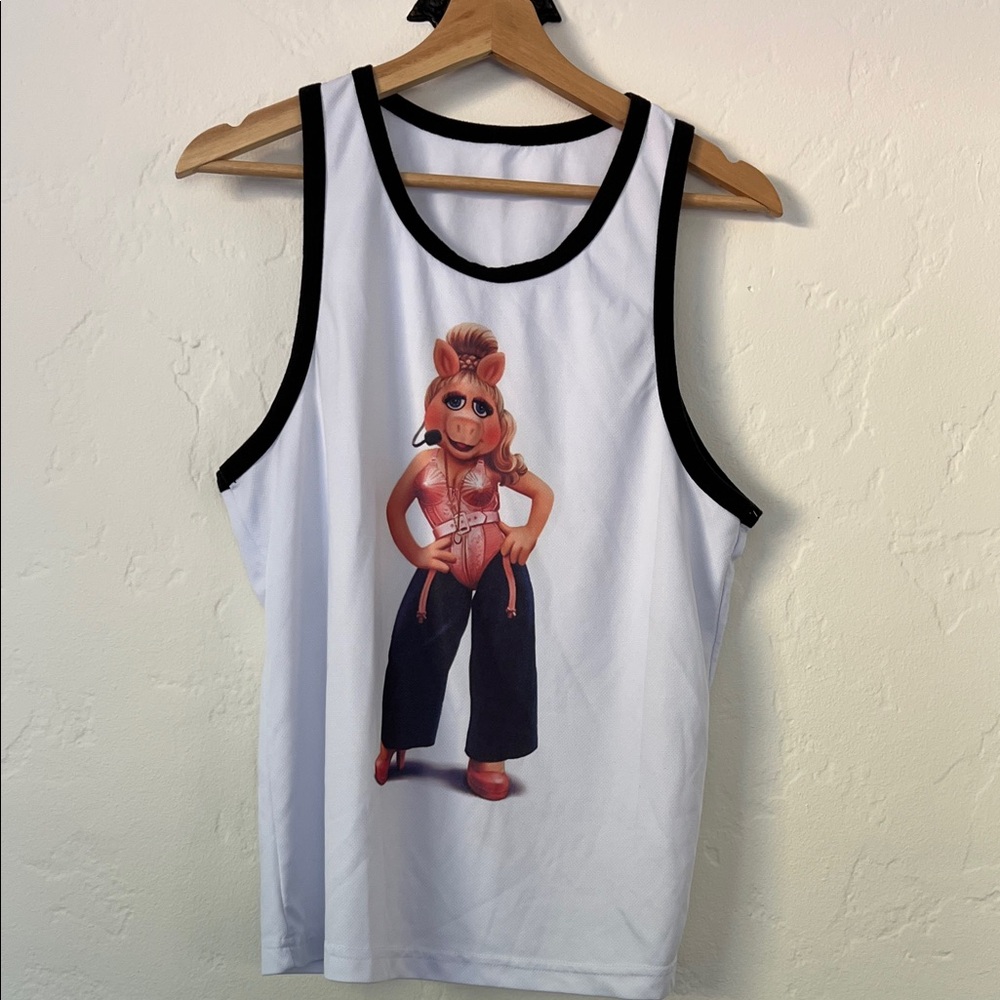 White Tank Top with Miss Piggy Madonna Cartoon Character Print